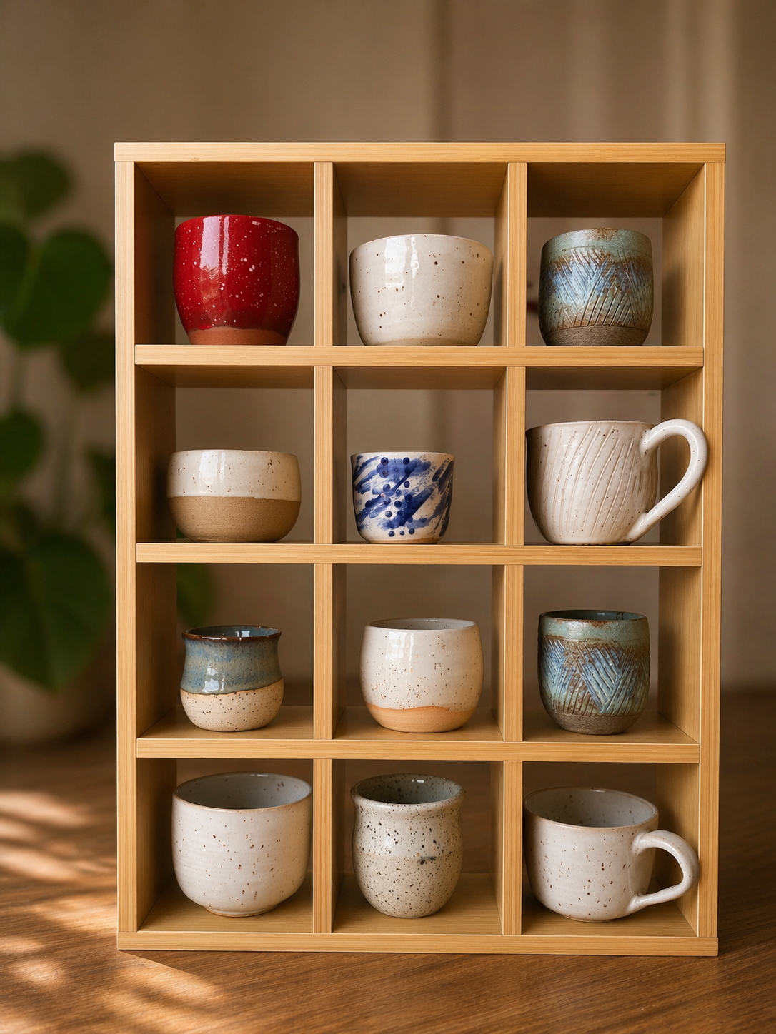 Dřevěná polička s ručně dělanými keramickými kalíšky, hrnky a miskami